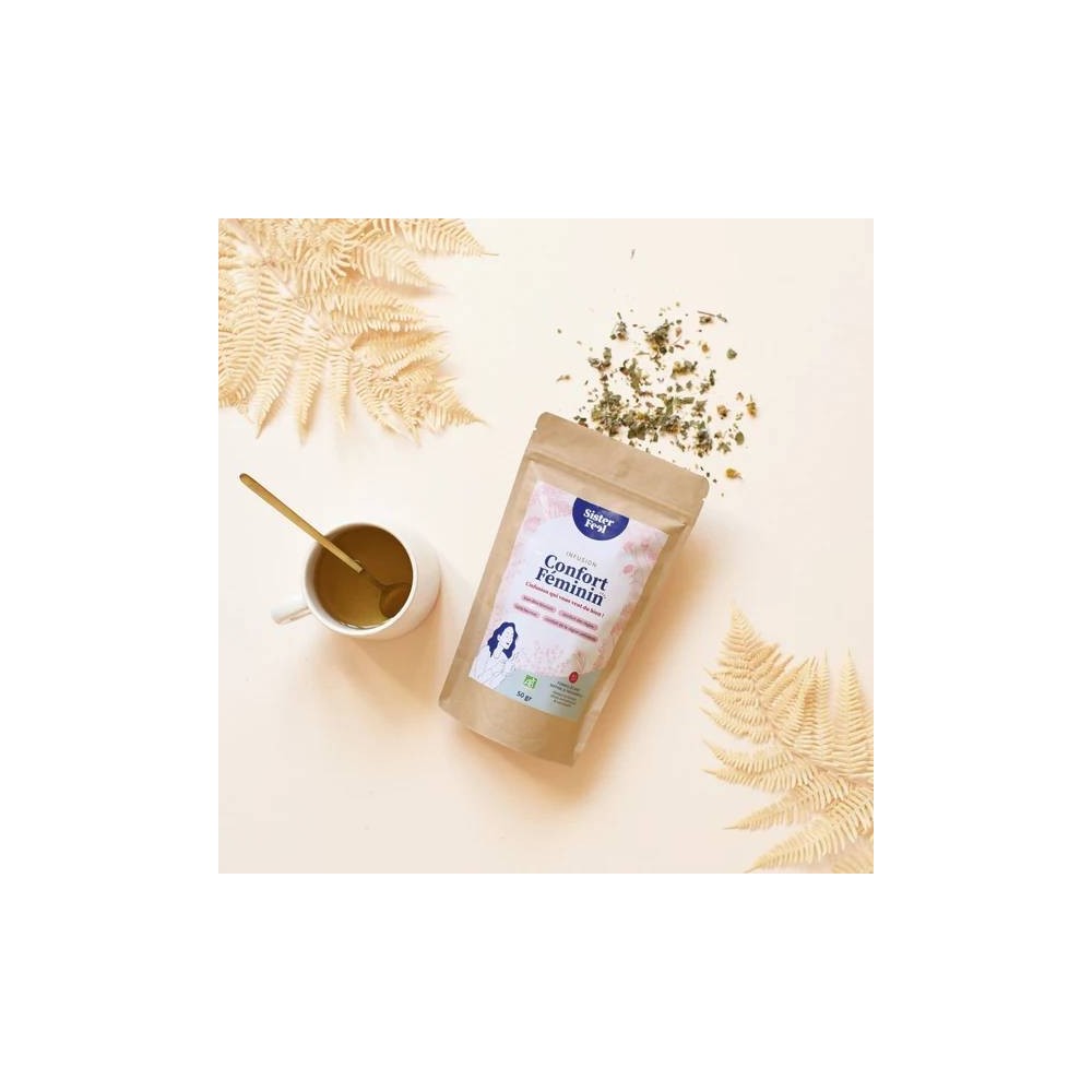 Infusion Confort Féminin, une tisane aux plantes pour accompagner le bien-être pendant les règles.