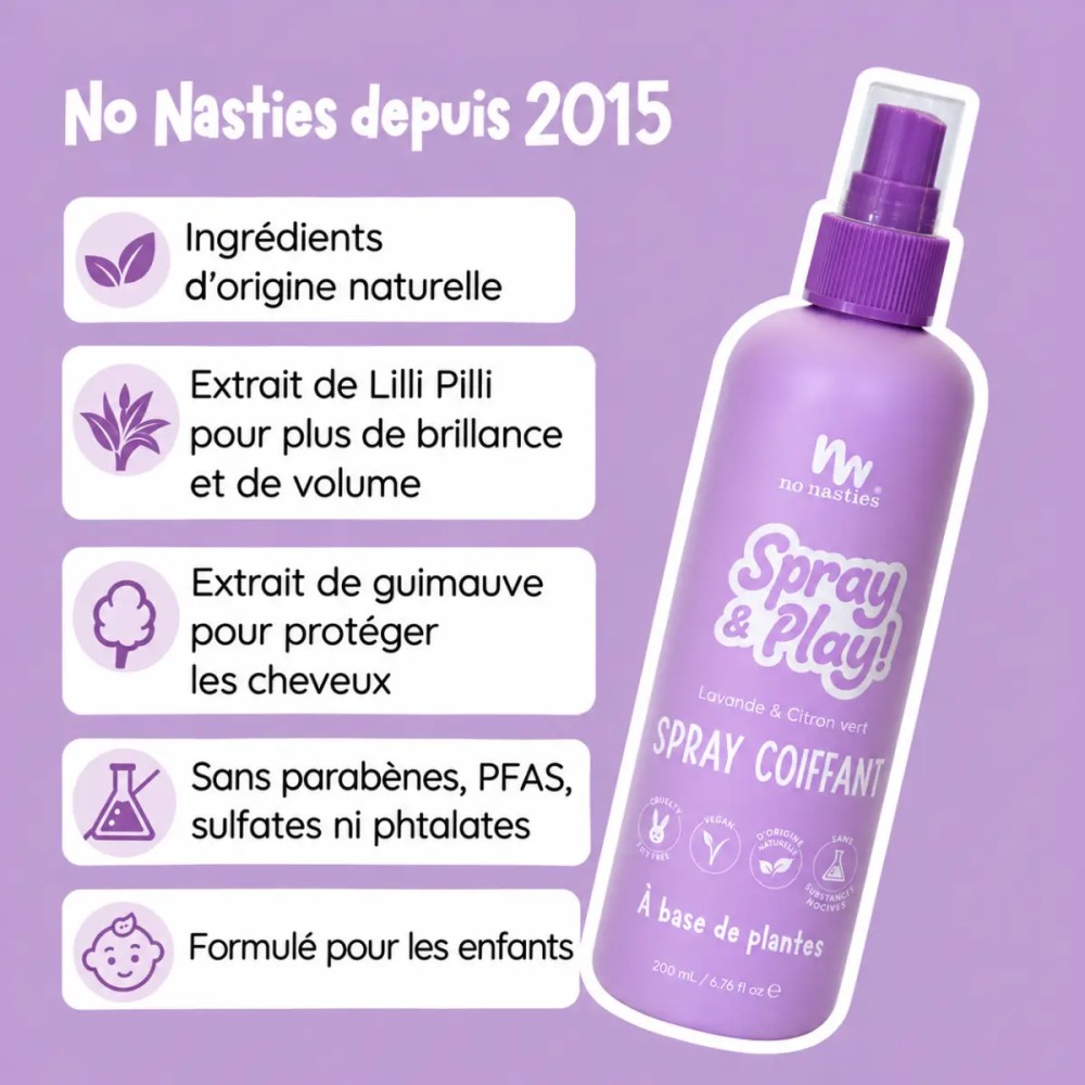 Natürliches Haarstyling-Spray von No Nasties Kids zum sanften Stylen und Fixieren von Kinderhaaren.